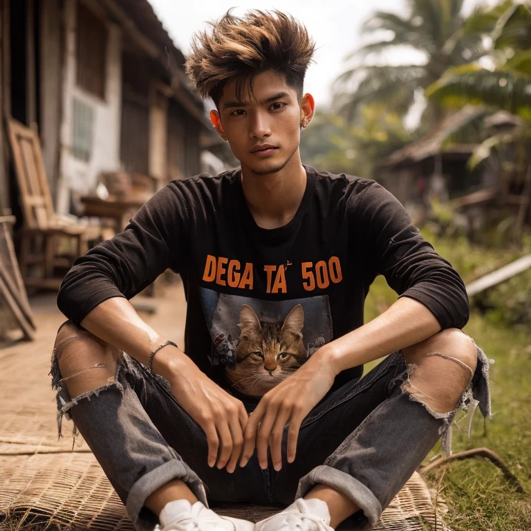 Indonesian man young, natural undercut mullet, takin selfie with cat orange, clear face details facing front. black shirt, torn jeans, white shoes, on his shirt is the writing ,ANRE TINDRO BAWANG IJAMA.desa , sawah , background , HD , real photo