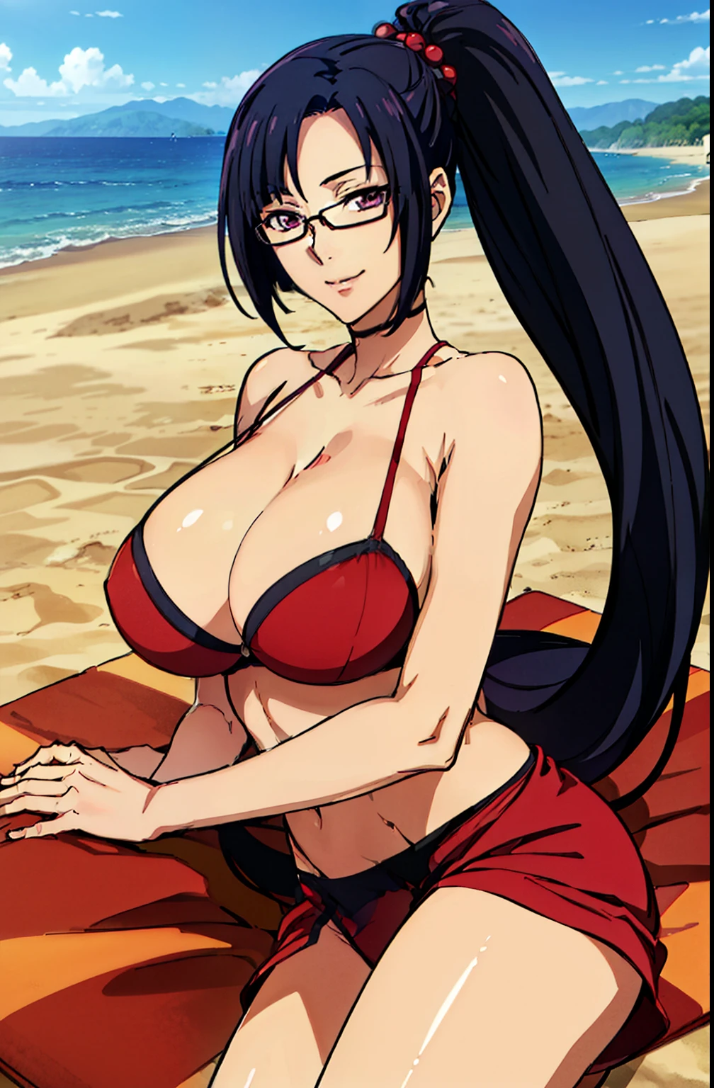 (lying, on side), Red bikini, (beach background), (sunny weather), Litchi Faye-Ling, mature woman, anime cels style, best quality, high resolution, 1girl, (huge breasts:1.2), beautiful face, Beautiful Finger, Beautiful long legs, Beautiful body, Beautiful Nose,Beautiful character design, semi-rimless eyewear, black hair, very long hair, ponytail,Bangs,purple eyes, (cowboy shot), smiling, looking at viewer