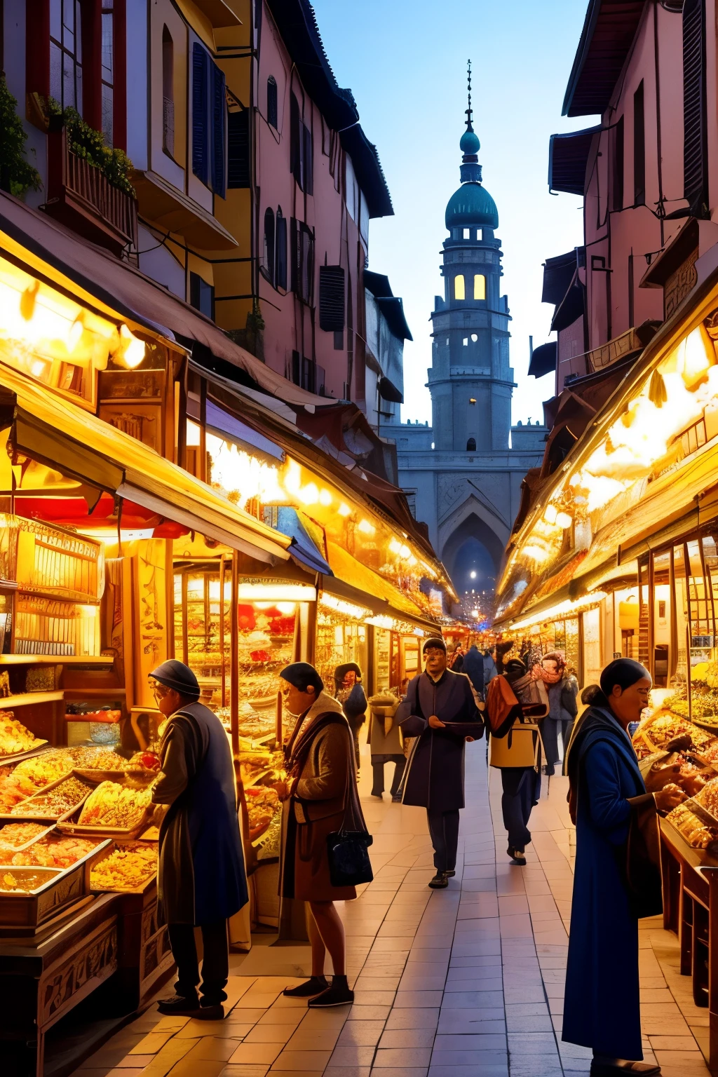 Create a mesmerizing visual depiction of an ancient, breathtaking city brimming with vibrant energy and a bustling market. The cityscape boasts intricate architecture, adorned with ornate carvings and towering minarets that reach towards the heavens. The sun bathes the scene in a warm golden glow, casting long shadows on the bustling streets below. The market is a sensory overload, with vibrant colors, aromatic spices, and a symphony of voices haggling and exchanging goods. The air is filled with the melodic sounds of street performers and the enticing aroma of street food. In the heart of the city, a majestic fountain stands, its crystal-clear waters reflecting the lively atmosphere. This enchanting city is a timeless gem, transporting visitors to a world