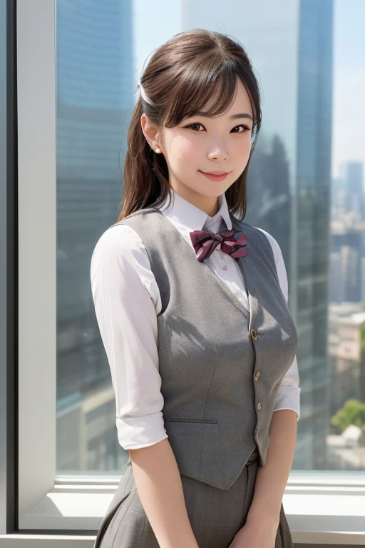1girl, matured female, vest, bow, photo, realistic, best quality, hires, detailed face, office, buildings from window, detailed background, diffused sunlight, depth of field, bokeh