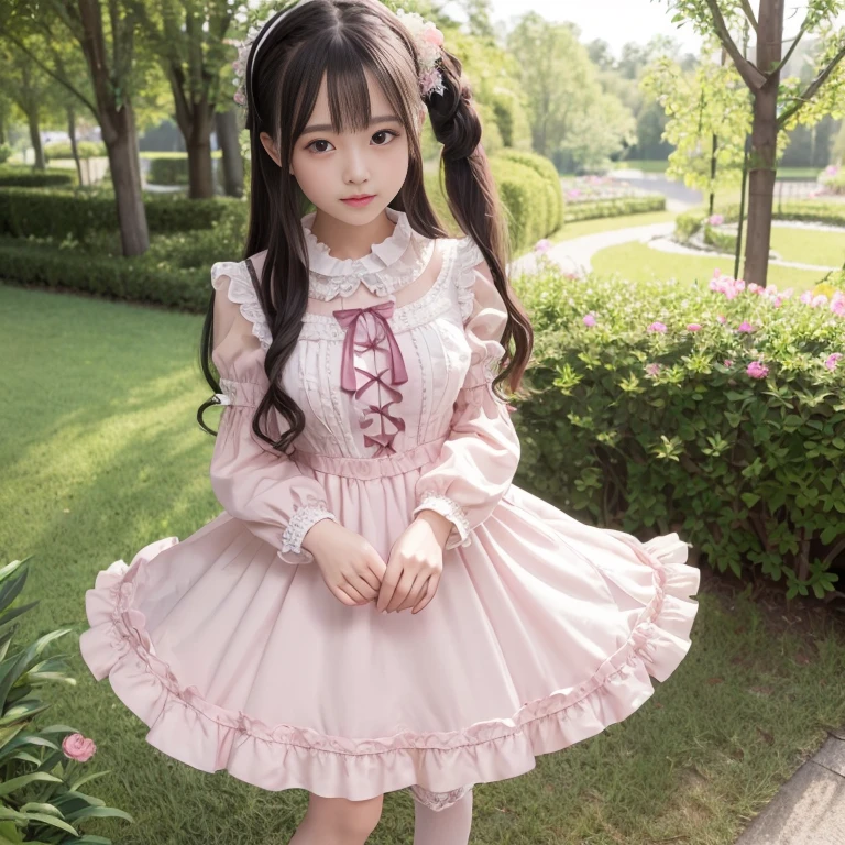 best quality, masterpiece, lifelike, 1 girl, alone, eternal, black hair, Long curly hair, blunt bangs, Smile, pink skirt, pink lolita dress, layered skirt, Lolita style long skirt,Layered dress lace-trimmed skirt, decorate, lace, long sleeve, puff sleeves, wide sleeves, Transparent sleeves, hair accessories, in the flower garden, flower, Detailed background, delicate face,pink blush,White knee-length socks, Pink shoes,cold,Lots of lace,((masterpiece))、(top quality)、8K、high detail、super detailed、 21 years old female,wearing pink lolita dress((dreamy atmosphere:1.1))、Seductive and whimsical style、masterpiece、born、Scenes resembling fairy tale illustrations、intricate details show the ruffles and intricate designs of the lolita gown、capricious、 beautifully、Dream aesthetics、「𝓡𝓸𝓶𝓪𝓷𝓽𝓲𝓬、ethereal、charming、fickle、magic」、realism、Visual effects、FXAA、SSAO、shader、voiceless、environmental lighting、Tone mapping、High resolution、ultra high definition、megapixel、(8K resolution:1.10)、8K、8K resolution、high detail、intricate details、 (high quality:1.2、masterpiece:1.2、:1.21)、(21 years old female:1.21)、(Smile excitedly)、(Surrounded by the dreamy atmosphere of an amusement par color lolita dress、Her eyes were full of surprise and joy、I took a lot of geek photos、High heel、Model diagram,full-body shot,Knee-high white的 lace socks,Sweet Lolita,Normal 2 feet,Pink shoes,Baotou shoes,full-body shot,Don't expose your fingers,Emphasize the volume of the skirt,exposed,huge breasts,The skirt flew up,低胸exposed,hair accessories,big skirt dress,If you shoot from a certain angle you can see my panties,The skirt floated up
