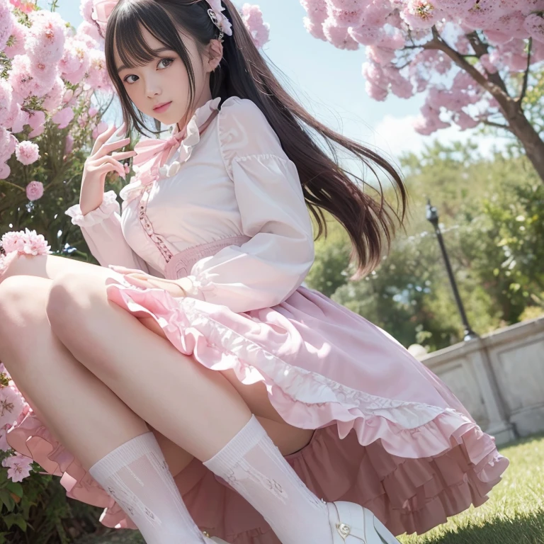 best quality, masterpiece, lifelike, 1 girl, alone, eternal, black hair, Long curly hair, blunt bangs, Smile, pink skirt, pink lolita dress, layered skirt, Lolita style long skirt,Layered dress lace-trimmed skirt, decorate, lace, long sleeve, puff sleeves, wide sleeves, Transparent sleeves, hair accessories, in the flower garden, flower, Detailed background,  delicate face，pink blush，White knee-length socks, Pink shoes，cold，Lots of lace，((​masterpiece))、(top quality)、8K、high detail、super detailed、 21 years old female，wearing pink lolita dress((dreamy atmosphere:1.1))、Seductive and whimsical style、​masterpiece、born、Scenes resembling fairy tale illustrations、intricate details show the ruffles and intricate designs of the lolita gown、capricious、 beautifully、Dream aesthetics、「𝓡𝓸𝓶𝓪𝓷𝓽𝓲𝓬、ethereal、charming、fickle、magic」、realism、Visual effects、FXAA、SSAO、shader、voiceless、environmental lighting、Tone mapping、High resolution、ultra high definition、megapixel、(8K resolution:1.10)、8K、8K resolution、high detail、intricate details、 (high quality:1.2、​masterpiece:1.2、:1.21)、(21 years old female:1.21)、(Smile excitedly)、(Surrounded by the dreamy atmosphere of an amusement par color lolita dress、Her eyes were full of surprise and joy、I took a lot of geek photos、High heel、Model diagram，full-body shot，Knee-high white的 lace socks,Sweet Lolita，Normal 2 feet，Pink shoes，Baotou shoes，full-body shot，Don&#39;t expose your fingers，Emphasize the volume of the skirt，exposed，huge breasts，The skirt flew up，低胸exposed，hair accessories，big skirt dress，If you shoot from a certain angle you can see my panties，The skirt floated up