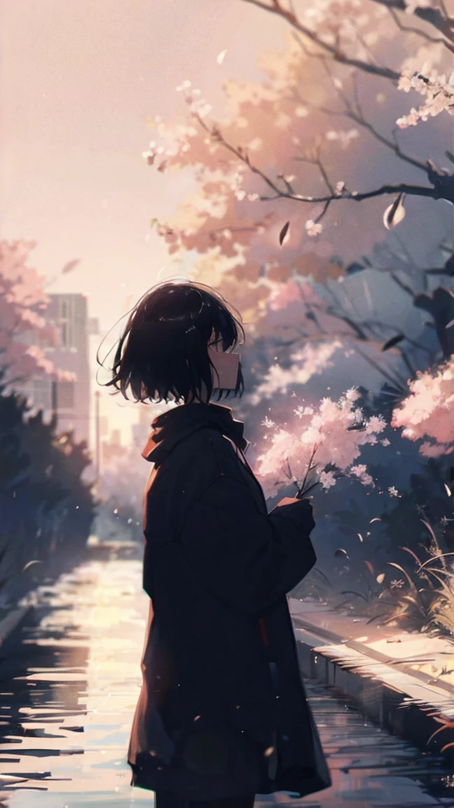 Product illustration of a girl in the rain,cherry blossoms