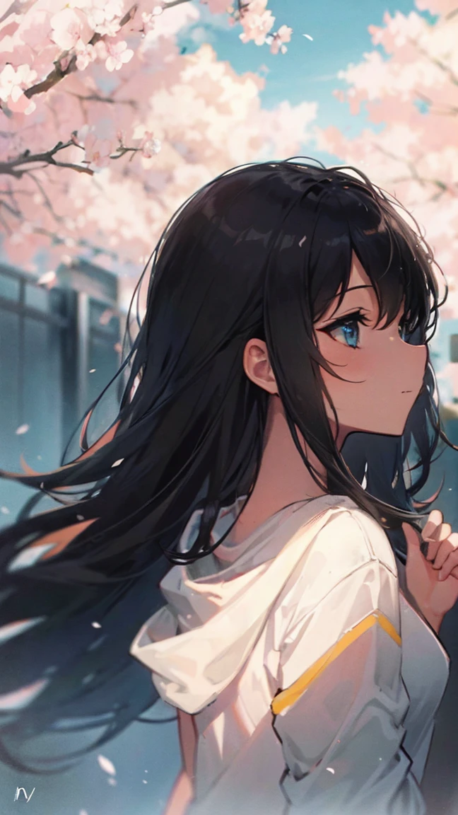 Product illustration of a girl in the rain,cherry blossoms
