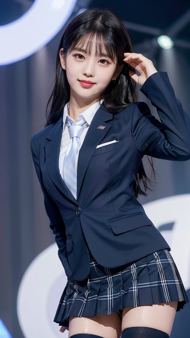 (8K), (highest quality: 1.2), (realistic), (realistic: 1.47), ultra high resolution, 1 girl, cute, smile, closed mouth, (thick lips:1.2),red lip,(Purse your mouth),beautiful details, beautiful nose,(Straight shiny black hair),Standing on the concert stage,hold the microphone in your right hand,Bend your elbows and raise your hands,(University Student Uniform,A simple navy blue blazer,white satin shirt,tie,Tartan check pleated skirt,opaque tights:1.2),(Close up on wet thighs:1.2),(knees),(super low angle:1.2),(medium shot),