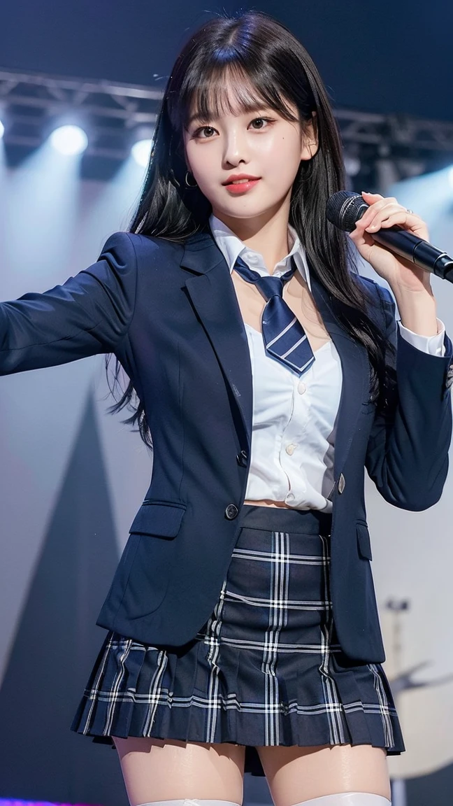 (8K), (highest quality: 1.2), (realistic), (realistic: 1.47), ultra high resolution, 1 girl, cute, smile, closed mouth, (thick lips:1.2),red lip,(Purse your mouth),beautiful details, beautiful nose,(Straight shiny black hair),Standing on the concert stage,hold the microphone in your right hand,Bend your elbows and raise your hands,(University Student Uniform,A simple navy blue blazer,white satin shirt,tie,Tartan check pleated skirt,opaque tights:1.2),(Close up on wet thighs:1.2),(knees),(super low angle:1.2),(medium shot),