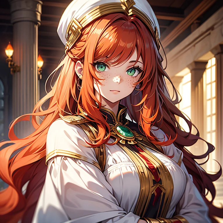 White skined young woman with freckles on her face. Green eyes. Long wavy hair. Bright reddish orange hair color . Wearing plain white dress in Greek Style. She has a fantasy-style gold accessory on her head
