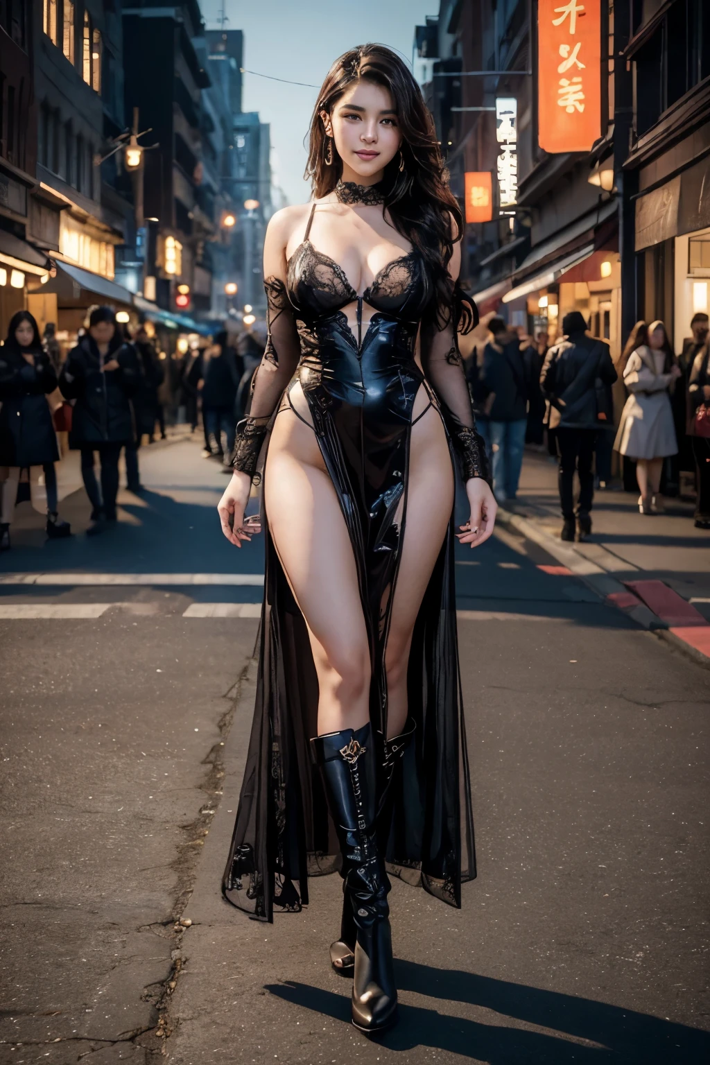 Korean,((Best quality, 8k, Masterpiece :1.3)), 1girl, smiling, full body,Leg length, slim face, Pretty woman, (Dark brown hair), full length dress :1.1, Ultra-detailed face, Detailed eyes, Double eyelid, blur background, slim face, city, outside, street,threesome,overkneeboots,party night,lingerie,full body, perfect face,Lauren Jauregui, smiling cosplay expo body provided sexy