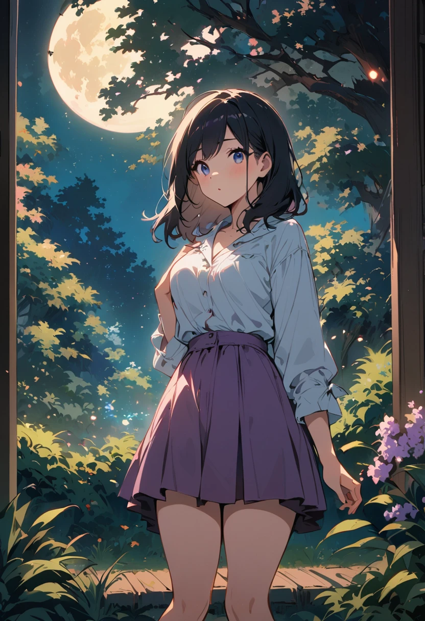 super quality, masterpiece, Japanese cartoons, 2d cartoon, Japanese art, Colorful Japanese comics, 1 girl, Medium hair and eyes, Casual Wear, Lilac skirt, night, dark lights, Star, moon, bench, trees, green, Grass, garden