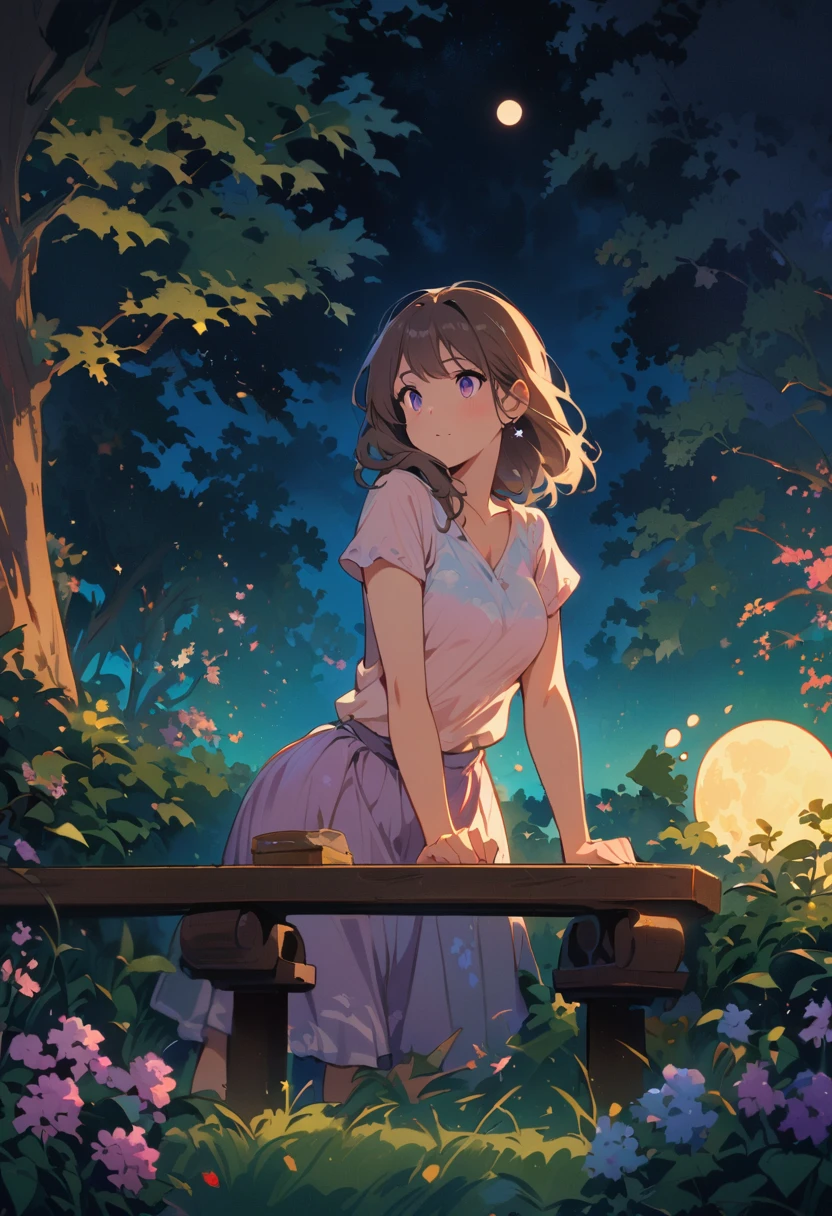 super quality, masterpiece, Japanese cartoons, 2d cartoon, Japanese art, Colorful Japanese comics, 1 girl, Medium hair and eyes, Casual Wear, Lilac skirt, night, dark lights, Star, moon, bench, trees, green, Grass, garden