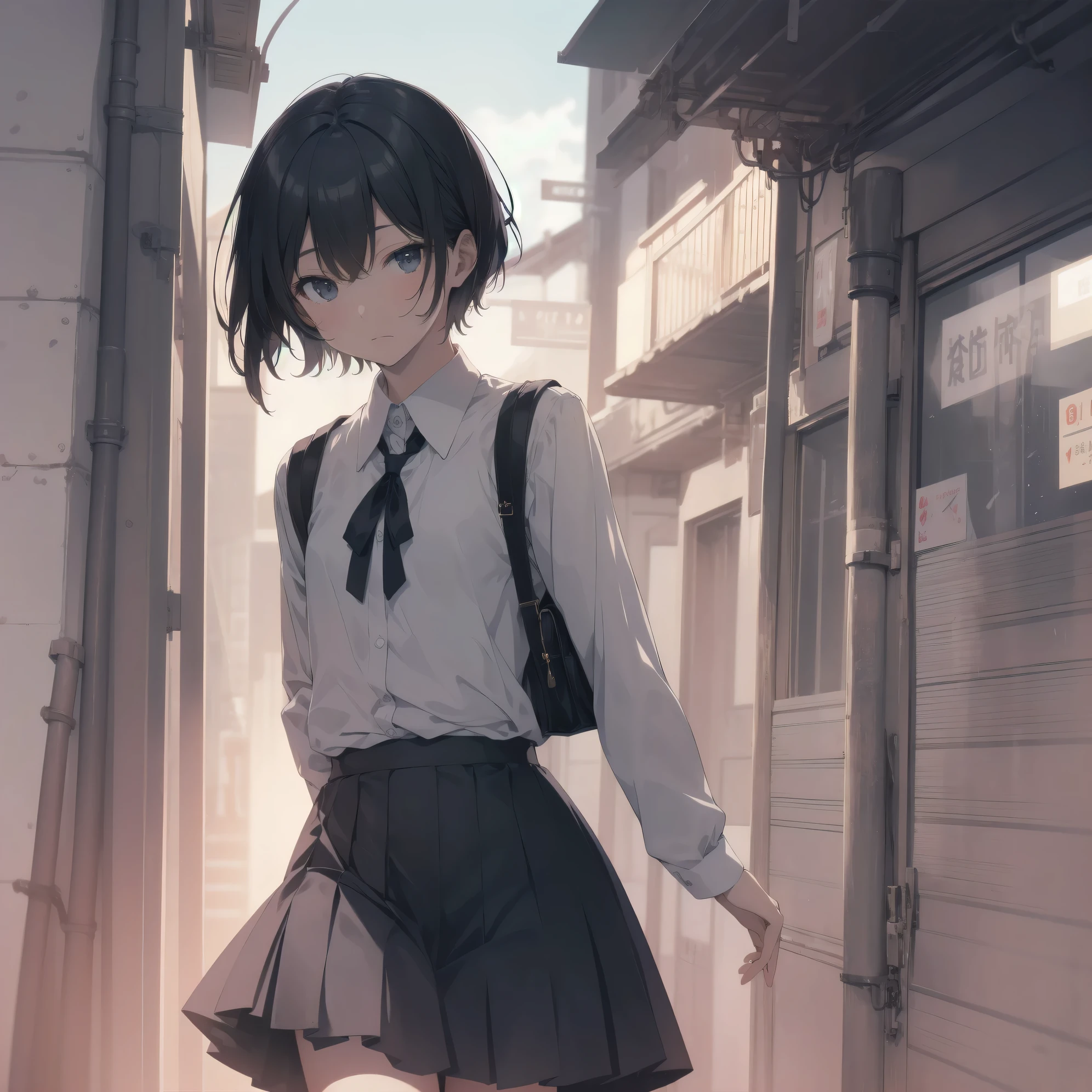 ultra-absurdres-Top quality by artist God, ultra-detailed, high resolution, anime moe artstyle, best anime 8k konachan wallpaper, pixiv contest winner, perfect anatomy,break, 1girl, (Please draw a girl walking sleepily to school alone. )break,(Solo,little female, -yeld:1.Full limbs, complete fingers,a junior hiiveness of immature bodies, (very short hair), short cut, flat chest, , small butt, small black eyes, beautiful detailed eyes, well-proportioned iris and pupils, expressive eyes, highres detailed hair, soft expression, school_uniform, white shirt, pleated skirt,(Detailed Lighting), (Detailed background), in the School commute route. break,super detailed skin, Best cinematic lighting powered by famous artist, 8k,beauty illustration,photoshop_(medium),very aesthetic,break,((artist:ito noizi )), artist:akinashi yuu ,artist:oyari ashito ,artist:kantoku ,