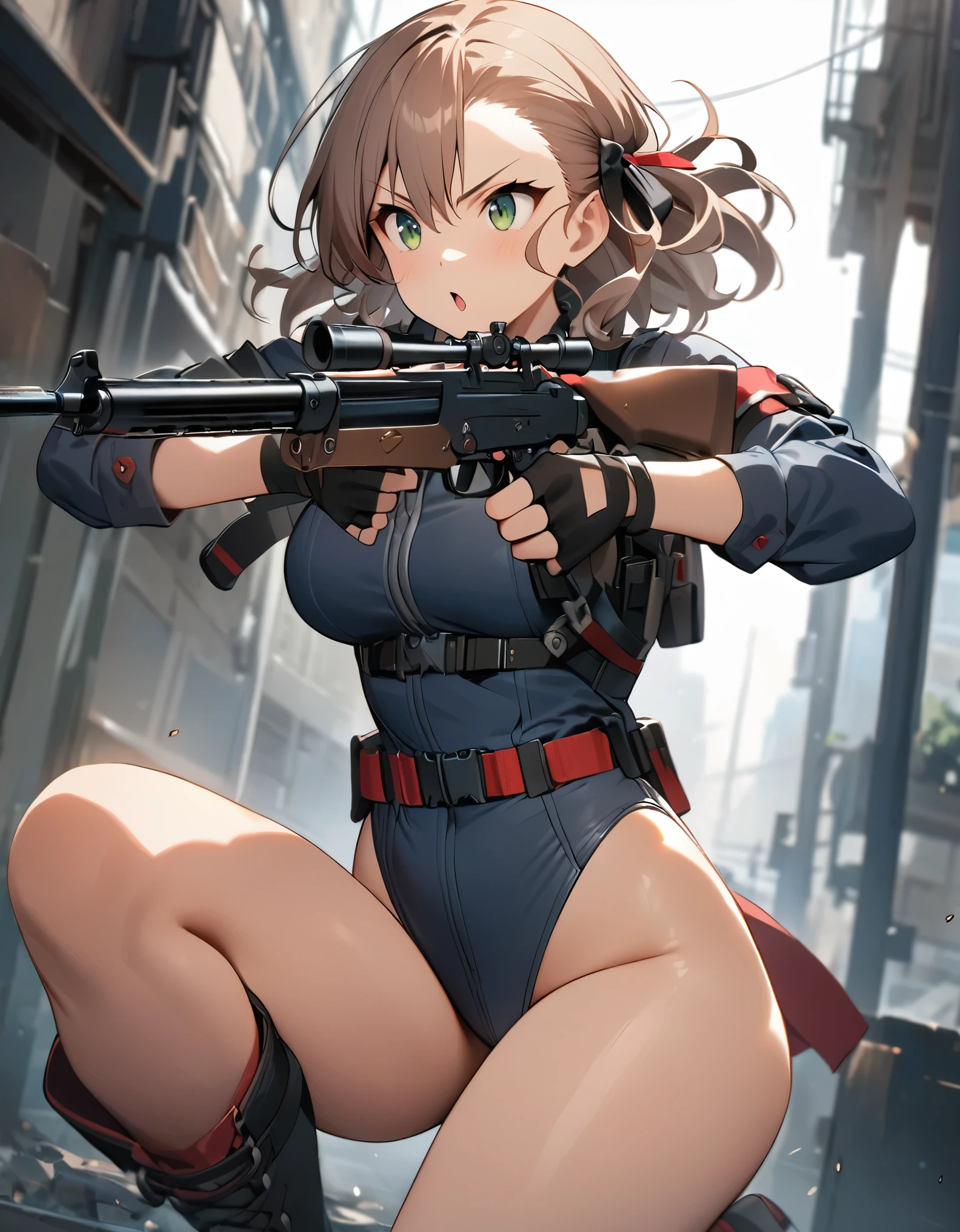 best quality, masterpiece, 1girl, solo, leotard, bare legs, boots, holding a shotgun, spas-12, dynamic action pose, brown hair, green eyes, fingerless gloves, black boots,