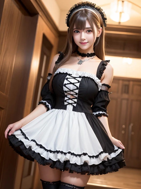 (8K, Photorealistic, Raw photo, of the highest quality: 1.3), (1girl in), Super beautiful, (Realistic face), (boyish, Silver Color Berry Shorthair), Beautiful , Glare that captivates the viewer, Beautiful expression, Beautiful breasts, (Realistic skin), Be...Super high quality, super high definition, super detailed, masterpiece, 20years old, female, cute, perfect face, beautiful, gothic lolita clothes, gothic lolita fashion, frilly skirt, headdress, necklace, bracelet, knee-high socks, boots, double eyelids, tear bags, Detailed down to the fingers, photo-like description, indoors, dim indoor lighting, blonde hair, semi long, standing, whole body, composition that shows the whole body, smiling