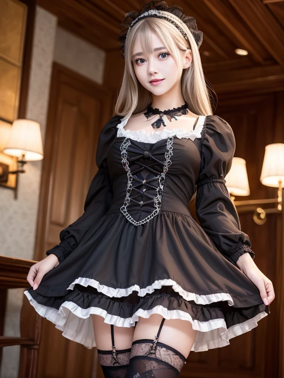(8K, Photorealistic, Raw photo, of the highest quality: 1.3), (1girl in), Super beautiful, (Realistic face), (boyish, Silver Color Berry Shorthair), Beautiful , Glare that captivates the viewer, Beautiful expression, Beautiful breasts, (Realistic skin), Be...Super high quality, super high definition, super detailed, masterpiece, 20years old, female, cute, perfect face, beautiful, gothic lolita clothes, gothic lolita fashion, frilly skirt, headdress, necklace, bracelet, knee-high socks, boots, double eyelids, tear bags, Detailed down to the fingers, photo-like description, indoors, dim indoor lighting, blonde hair, semi long, standing, whole body, composition that shows the whole body, smiling