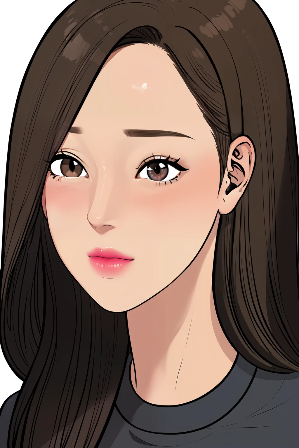 Boy, black hair, brown eyes, sharp features, white skin, pink lips, black shirt