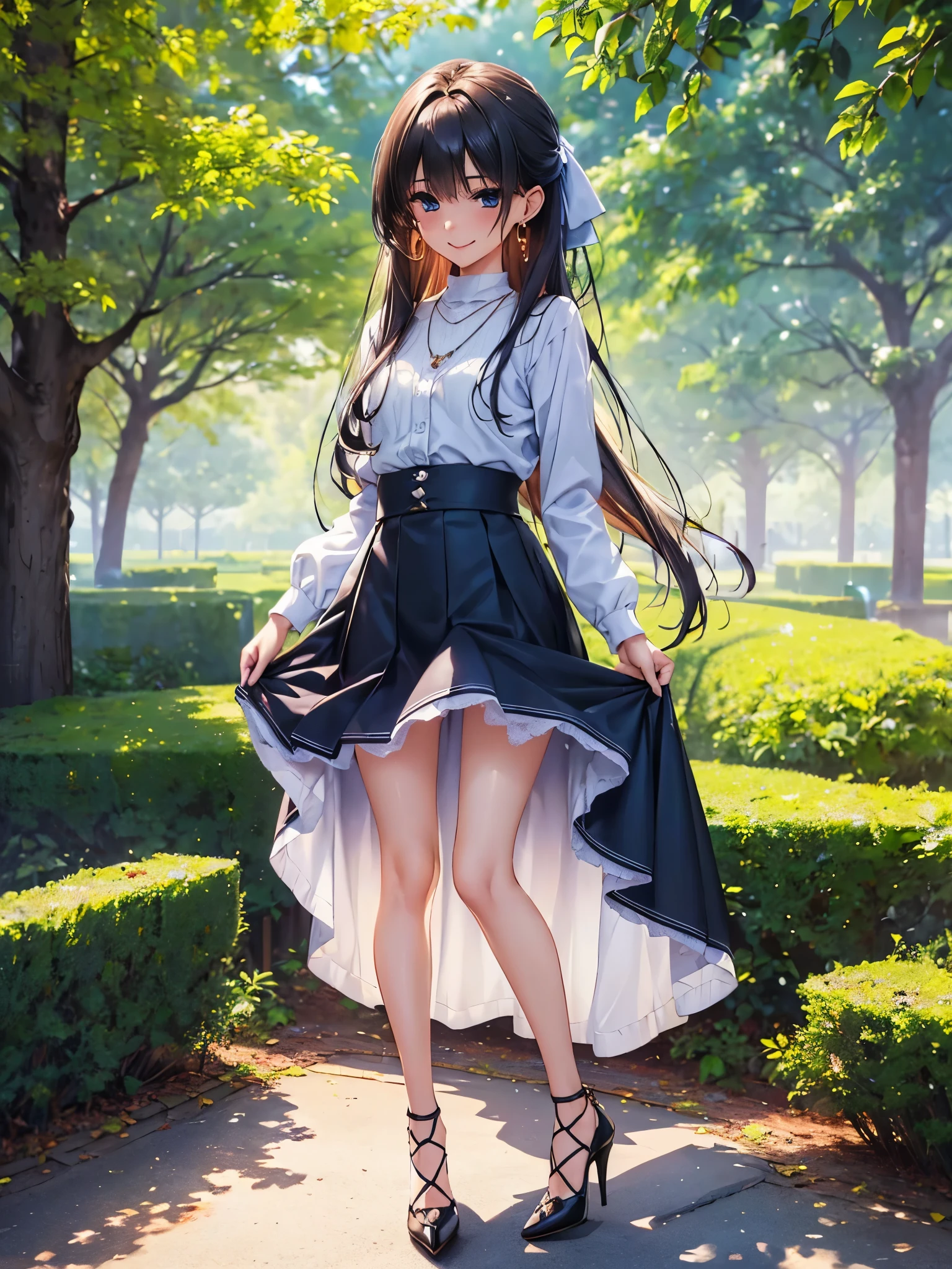 ((Biologically correct number of limbs))、(( from head to toe、Full body photo including face))、4K、((standing position))、masterpiece、((focus on the face))、((Symmetrical facial features))、Eyes with detailed description、Beautiful woman、outstanding style、beautiful arms、beautiful legs、beautiful hands、(small ass、thin thighs）、Detailed depiction of faces、small earrings、necklace、(uniform、skirt、high heels、stockings）、close up of face、morning park、blue eyes、smile、