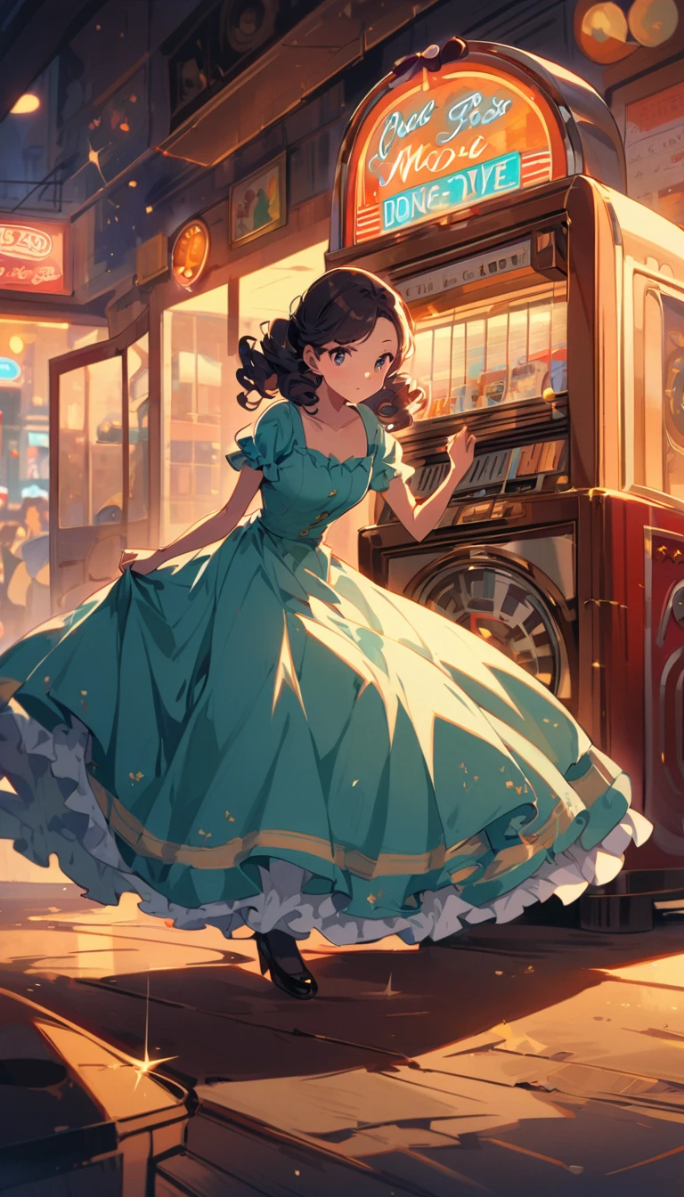 1 girl wearing a 1950s style dress, Comes with long skirt and petticoat, Her hair is styled into ringlets. She should be sitting in an old diner, Surrounded by retro details like a jukebox, chrome decoration, and neon signs. Her eyes should sparkle with excitement, her skin is flawless，Gleaming beneath soft skin, dramatic lighting. Has beautiful depth of field and a slightly blurry effect, nostalgic background,, Movie,