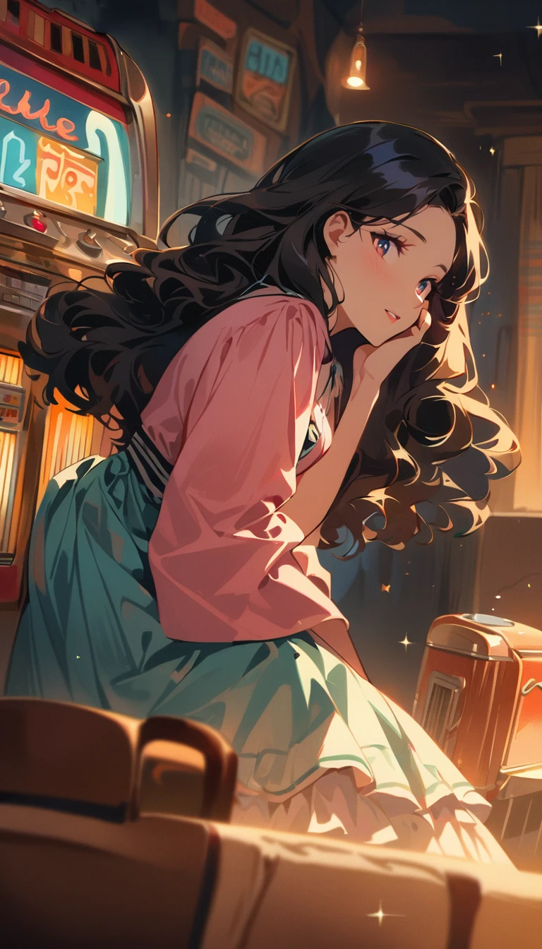 1 girl wearing a 1950s style dress, Comes with long skirt and petticoat, Her hair is styled into ringlets. She should be sitting in an old diner, Surrounded by retro details like a jukebox, chrome decoration, and neon signs. Her eyes should sparkle with excitement, her skin is flawless,Gleaming beneath soft skin, dramatic lighting. Has beautiful depth of field and a slightly blurry effect, nostalgic background,, Movie,