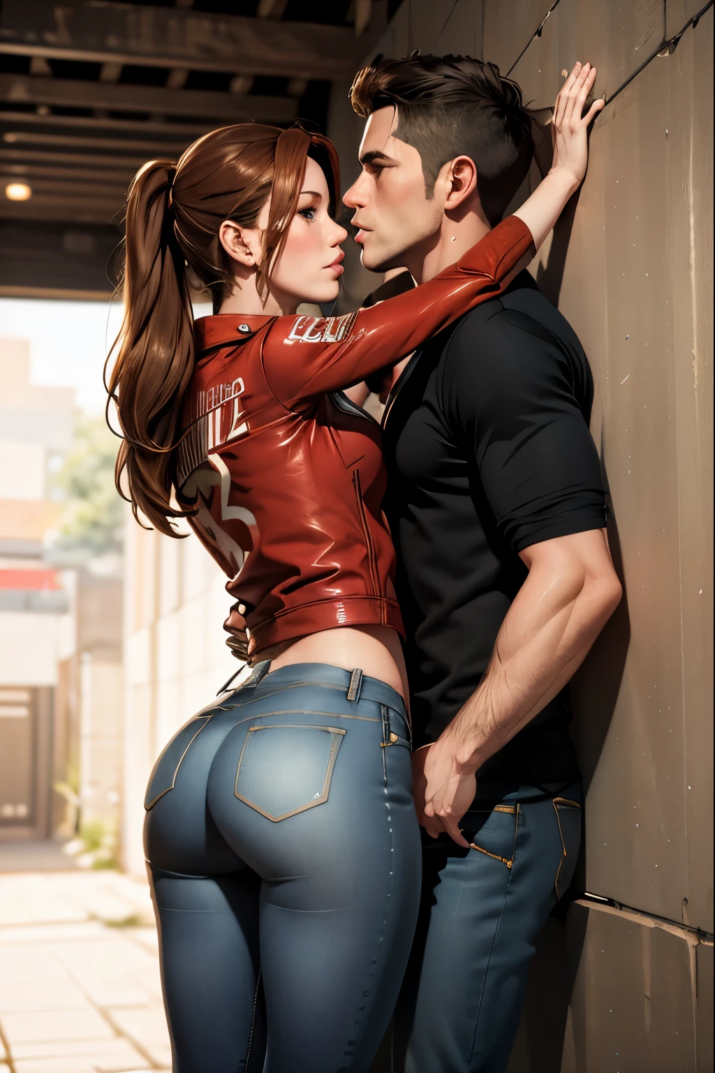 (masterpiece, best quality), 1girl and 1 man, claireredfield2, wear jeans, kiss the man , girl back, the man is pressing girl against the wall