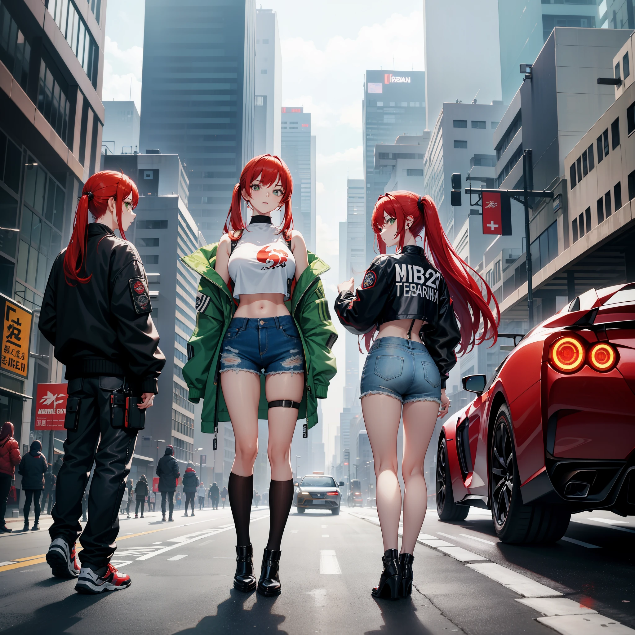 full body shot, asian women、Irina Sidow、redhead、twin tails、green eyes, Standing next to a Nissan GT-R in a cyberpunk city, She is wearing a bomber jacket, crop top and denim shorts., side shot, buckshot, Shot from the back side, Behind the Scenes, masterpiece, very detailed