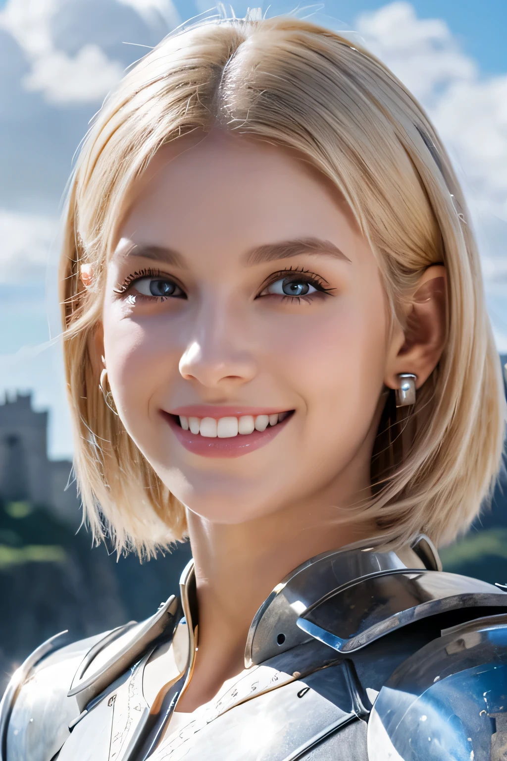 8K、highest quality、female knight、The background is a castle、Luxurious Silver Armor、、hairstyle short cut、smile、beautiful teeth、full body photo、ear piercing、blonde、white woman、blue eyes、heavy makeup、The background is a cloudy sky