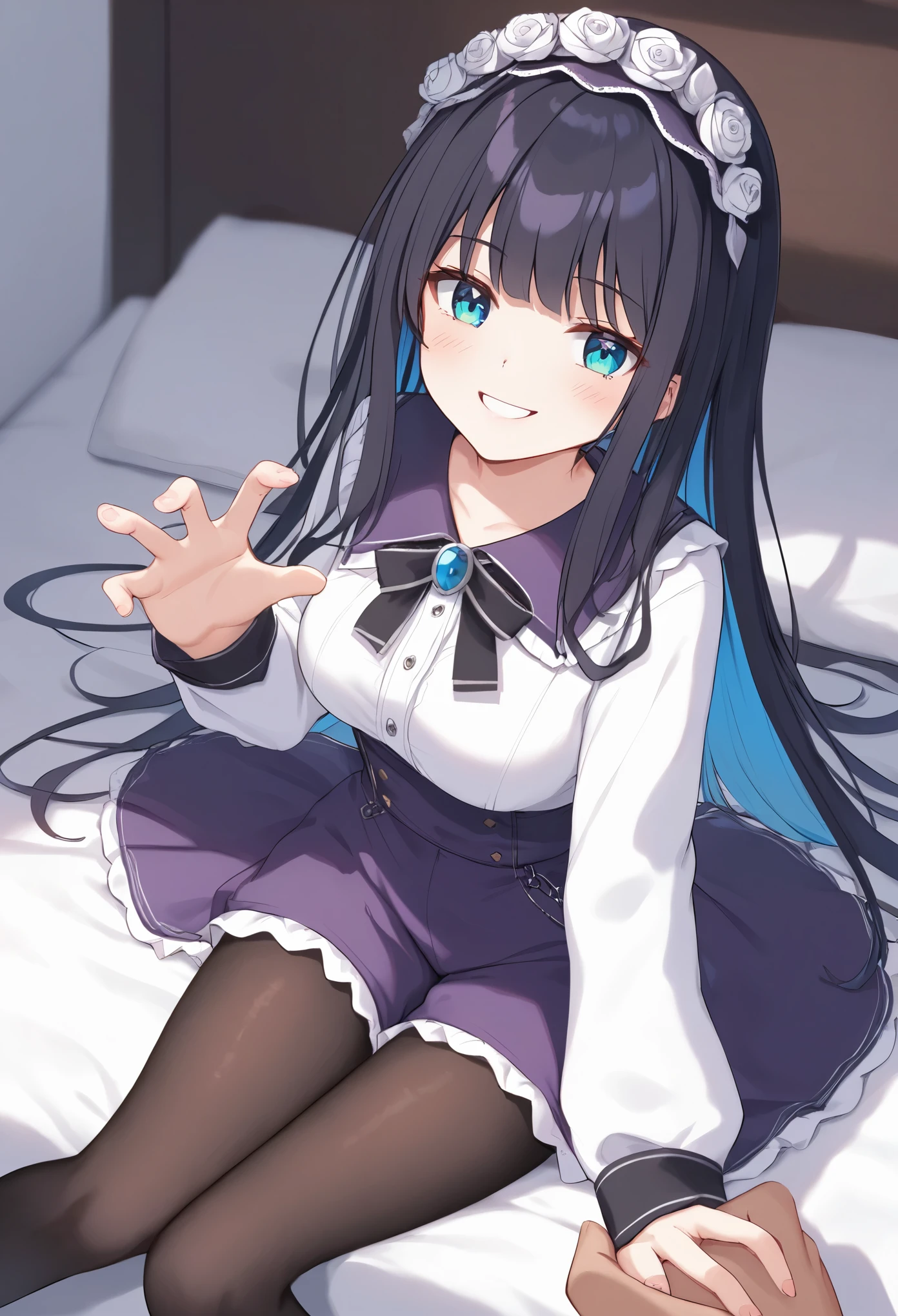 1Anime Girl,long hair,Exterior Black, Inner Red, two tone hair,blue eyes,White Men&#39;s Long Sleeve Shirt,denim shorts,black pantyhose,high resolution,very sharp,8 thousand,extra fingers,Reduced number of fingers,(bad anatomy),NSFW,bed,Bewitching pose,Wow,emerald eyes,Left white rose headdress,Purple dress,milk skin,A friendly smile,