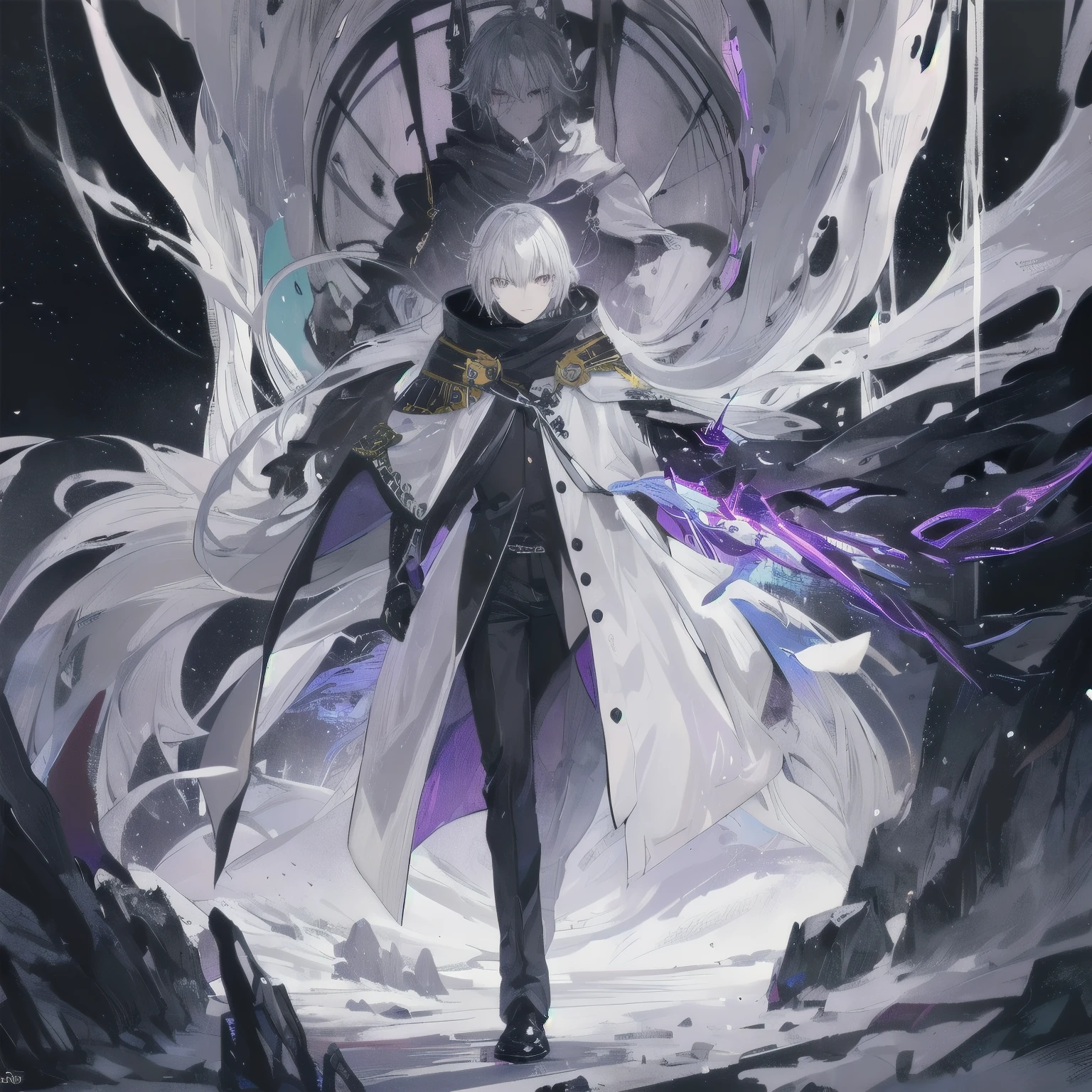 a man!!!!!!, silver hair, dark purple eyes, wearing a white coat, black scarf with gold patterns, eerie aura, stand alone in the dark cave.