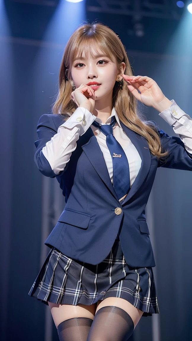 (8K), (highest quality: 1.2), (realistic), (realistic: 1.47), ultra high resolution, 1 girl, cute, smile, closed mouth, (thick lips:1.2),red lip,(Purse your mouth),beautiful details, beautiful nose,(Straight shiny white blonde hair),Standing on the concert stage,hold the microphone in your right hand,Bend your elbows and raise your hands,(University Student Uniform,A simple navy blue blazer,white satin shirt,tie,Tartan check pleated skirt,opaque tights:1.2),(Close up on wet thighs:1.2),(knees),(super low angle:1.2),(medium shot),
