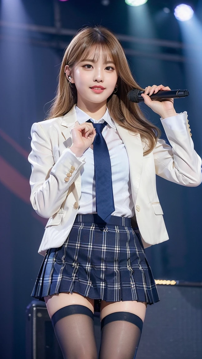 (8K), (highest quality: 1.2), (realistic), (realistic: 1.47), ultra high resolution, 1 girl, cute, smile, closed mouth, (thick lips:1.2),red lip,(Purse your mouth),beautiful details, beautiful nose,(Straight shiny white blonde hair),Standing on the concert stage,hold the microphone in your right hand,Bend your elbows and raise your hands,(University Student Uniform,A simple navy blue blazer,white satin shirt,tie,Tartan check pleated skirt,opaque tights:1.2),(Close up on wet thighs:1.2),(knees),(super low angle:1.2),(medium shot),