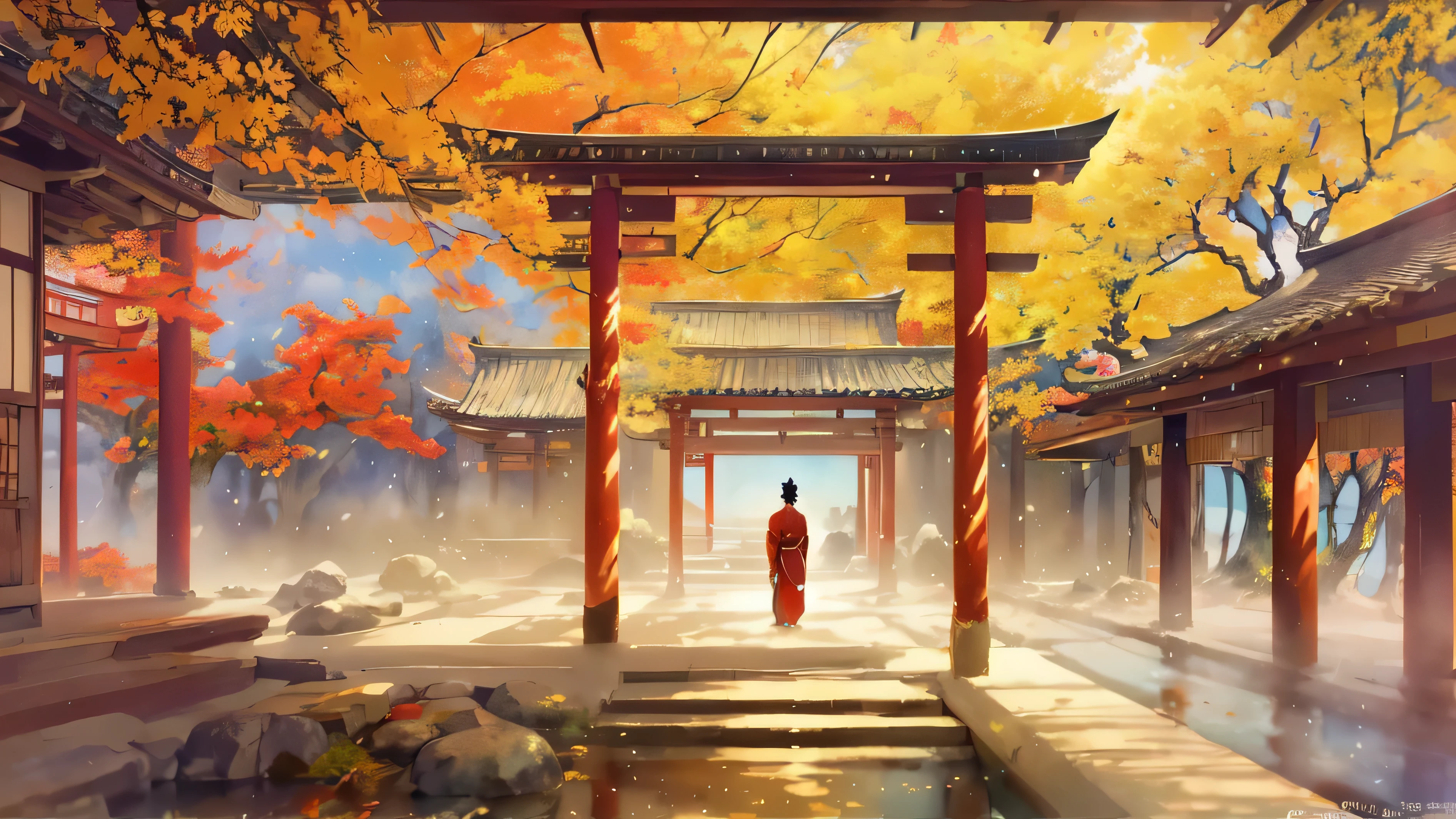 beautiful anime scenes, vivid japanese landscapes, japanese vfx, japonism 3d 8k ultra detailed, anime beautiful peace scenes, beautiful digital artwork, warm and beautiful scenery, japanese traditional colors, visually stunning scenes, red kimono, empress of autumn, japanese fantasy, on kyoto Inspired, Mix of anime style and Fujifilm