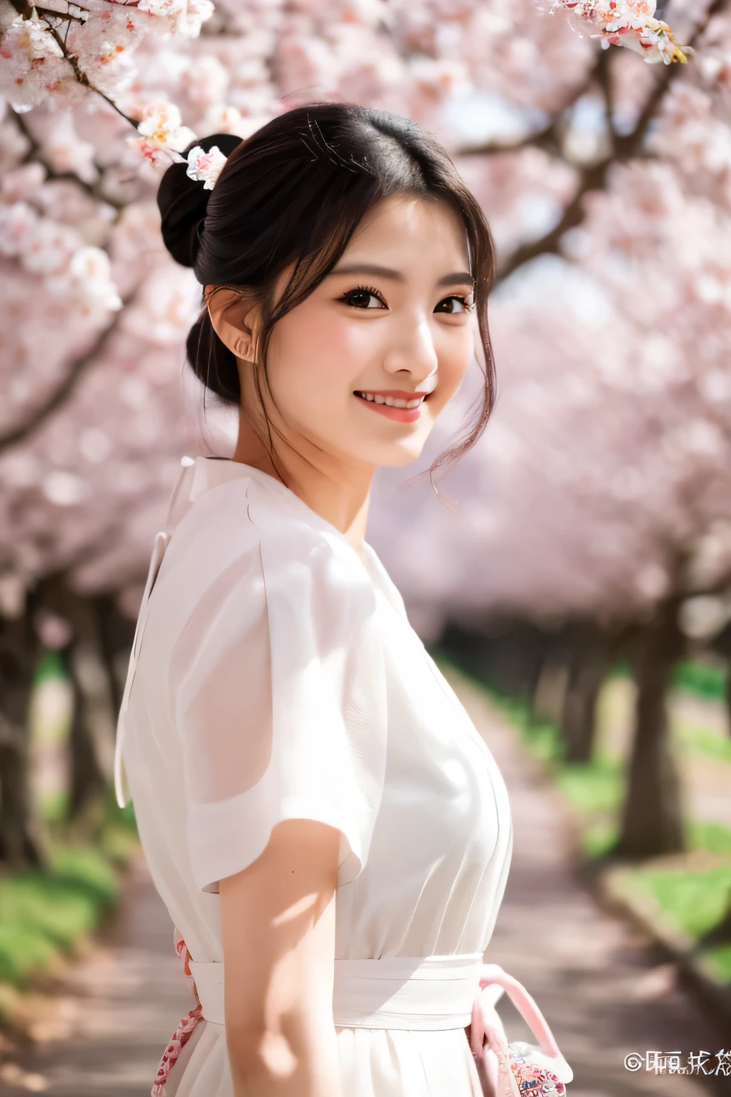 (Top Quality, 8K, Masterpiece:1.4), Graceful woman walking through cherry blossom tunnel, Bun hair with Kanzashi, Wearing Furisode, Sunlight filtering through sakura, Upper body, Shy smile