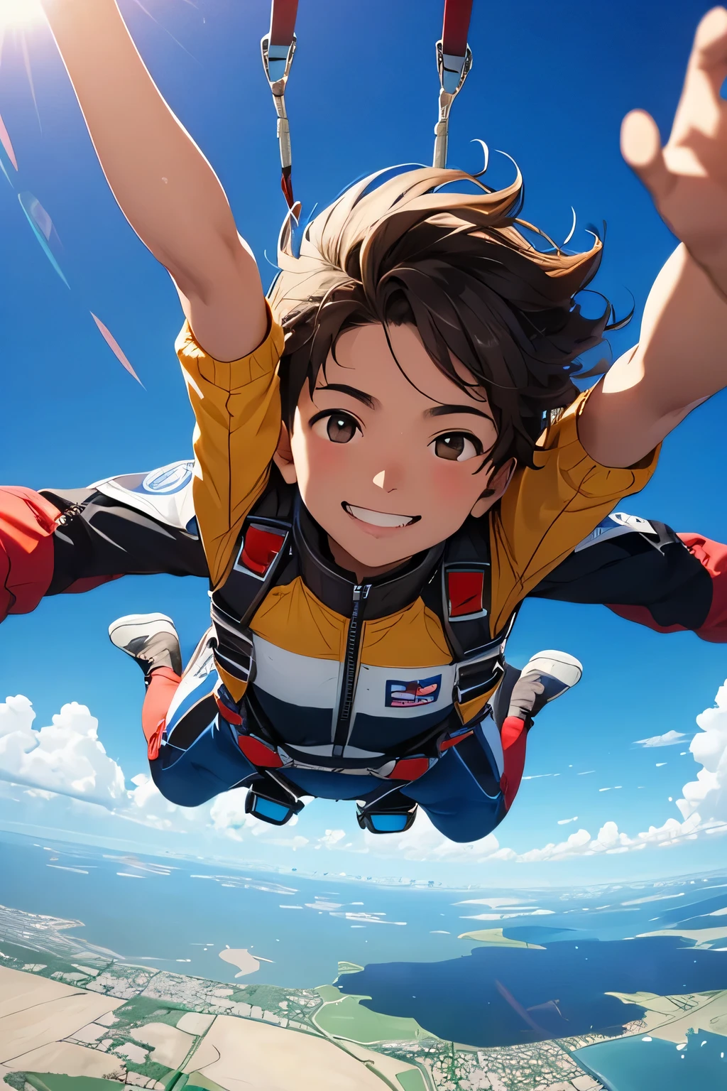 A brown boy sky diving with smile blue sky