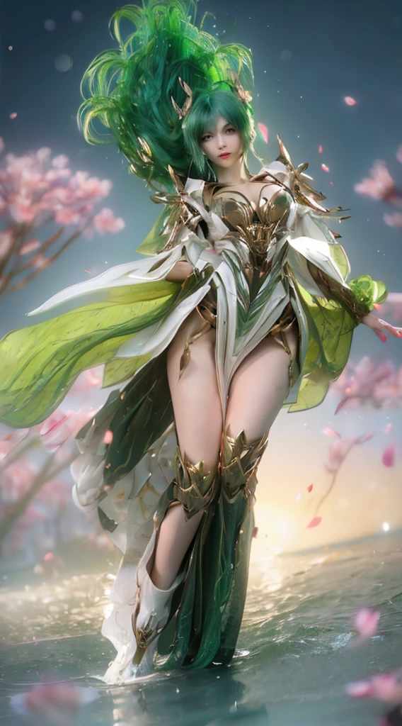 (Complex green-haired woman，Mecha joints and wing radiation, Quiet and dignified, standing in water), high resolution, Super detailed, actual, bright colors, Bokeh, studio lighting.