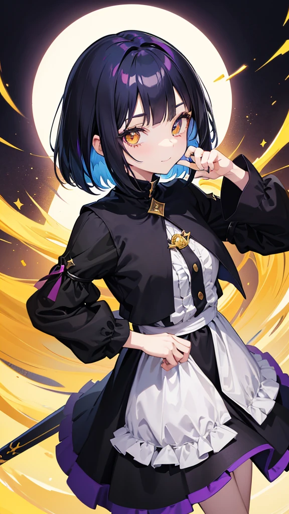 Witch's outfit, Anime-style portrait of a teen-ager girl with a deep violet bob cut, (Golden eyes), bright eyes, baby-faced, eye contact with the camera, subtle smile, minimalistic background to emphasize character, high contrast, clean lines, digital painting, vivid colors