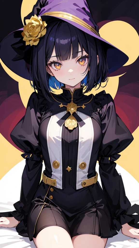 Witch's outfit, Anime-style portrait of a -agerrl with a deep violet bob cut, (Golden eyes), bright eyes, baby-fa eye contact with the camera, subtle smile, minimalistic background to emphasize character, high contrast, clean lines, digital painting, vivid colors