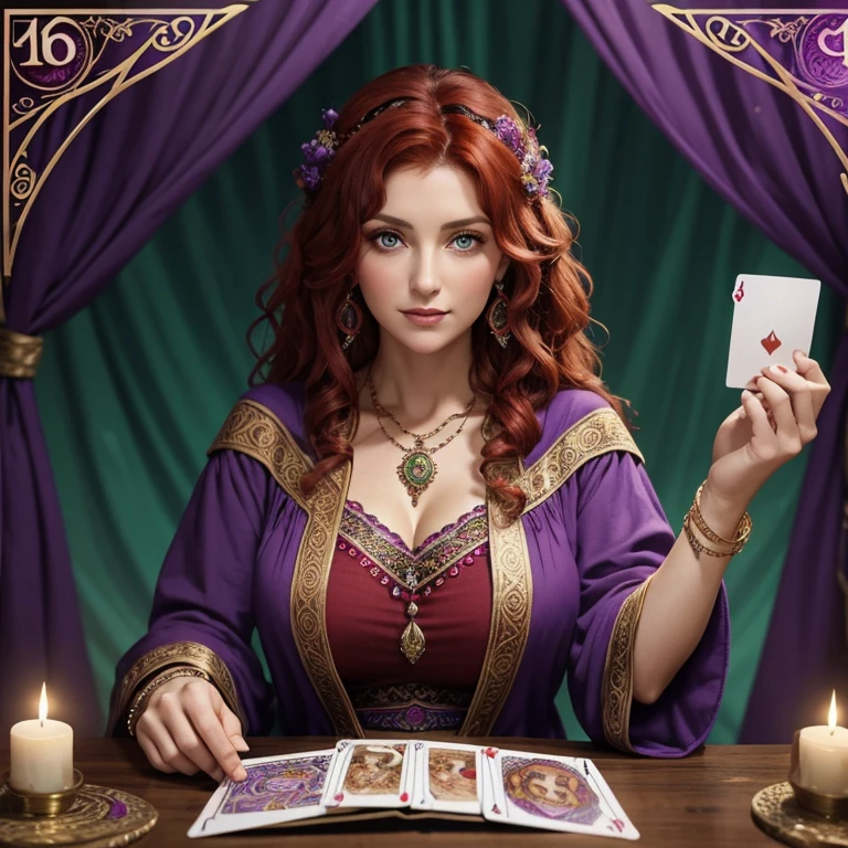 40 year old woman with gypsy clothes reddish curly hair purple clothes gypsy decorations on the clothes green eyes reading the tarot looking straight at the viewer background of a card reading shop