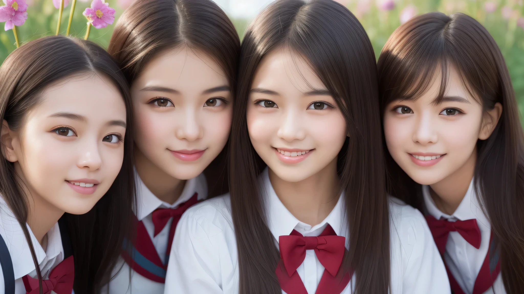 (1girl), (big smile), beautiful face, Amazing face and eyes, delicate, (Best Quality:1.4), (Ultra-detailed), (extremely detailed beautiful face), (princess hair cut style), cute smile, brown eyes, (highly detailed Beautiful face), (summer high school uniform:1.3), (extremely detailed CG unified 8k wallpaper), Highly detailed, High-definition raw color photos, Professional Photography, Realistic portrait, evening, Extremely high resolution, smiling, modern, trendy, fashionable, Group photo of high school girls, face close-up, Flower field, surrounded by flowers,