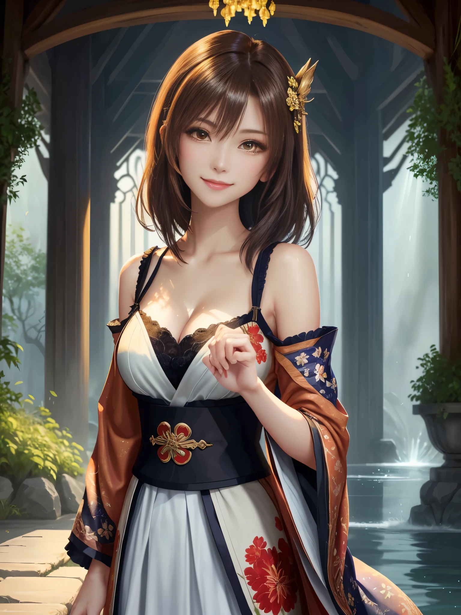 masterpiece , best quality,smile,smile,small face,shoulder exposure,golden kimono,A little cleavage exposure,double eyes,Beauty,beautiful woman,beautiful girl,sexy,sexy,charm,adult,Big eyes,light brown hair,Mysterious世界,god of water殿,in the forest,god of water,Mythical God,水色のMysterious雰囲気,Water sources surround the area,水色のMysterious背景,beautifully curled hair,slender body shape,brown eyes,Contrast faithfully reproduced,short hair,Beautiful short hair,Berry Short,short cut hair,just one person,precision quality,A faithful reproduction of the human eye,水色のMysterious雰囲気,水色のMysterious背景,beautiful details, colorful, delicate details, delicate lips, intricate details, genuine, ultrargenuineista, Mature, bright eyes, ,colorful fox, raposa de Beautiful digital art,shrine maiden,hold hands,exquisite digital illustration, mizutsune,pixiv in digital art, shining light, high contrast, Mysterious,