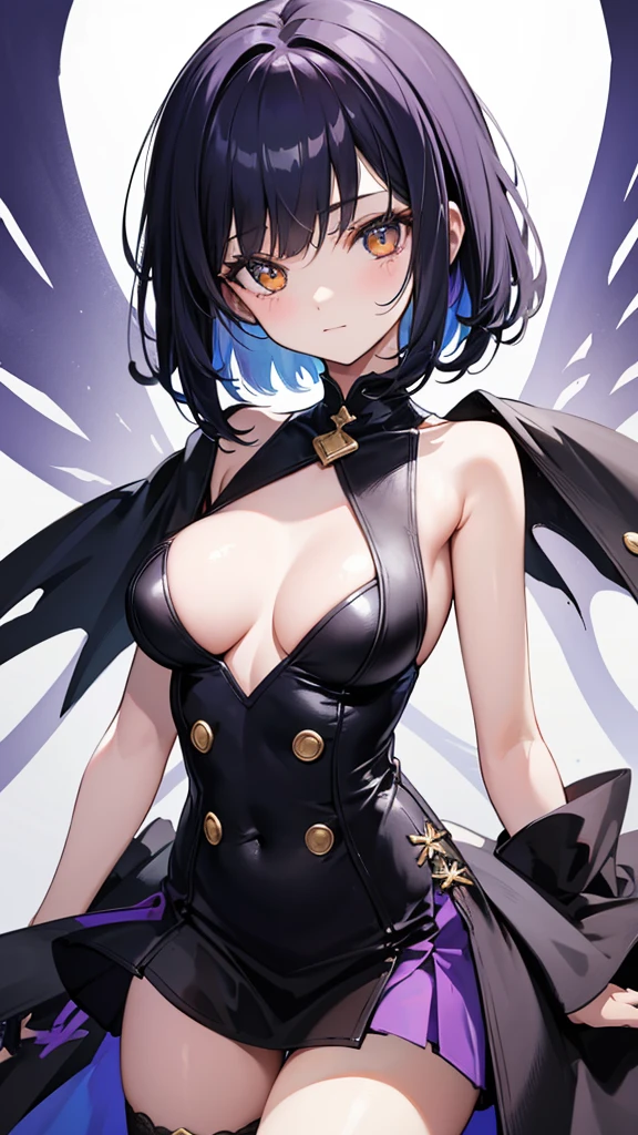 Witch's outfit, Anime-style portrait of a -agerrl with a deep violet bob cut, (Golden eyes), bright eyes, baby-fa eye contact with the camera, subtle smile, minimalistic background to emphasize character, high contrast, clean lines, digital painting, vivid colors