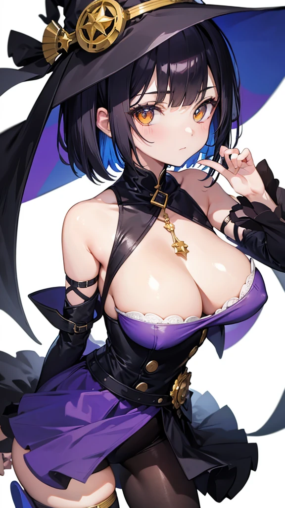 Witch's outfit, Anime-style portrait of a -ager girl with a deep violet bob cut, (Golden eyes), bright eyes, baby-faced, eye contact with the camera, subtle smile, minimalistic background to emphasize character, high contrast, clean lines, digital painting, vivid colors