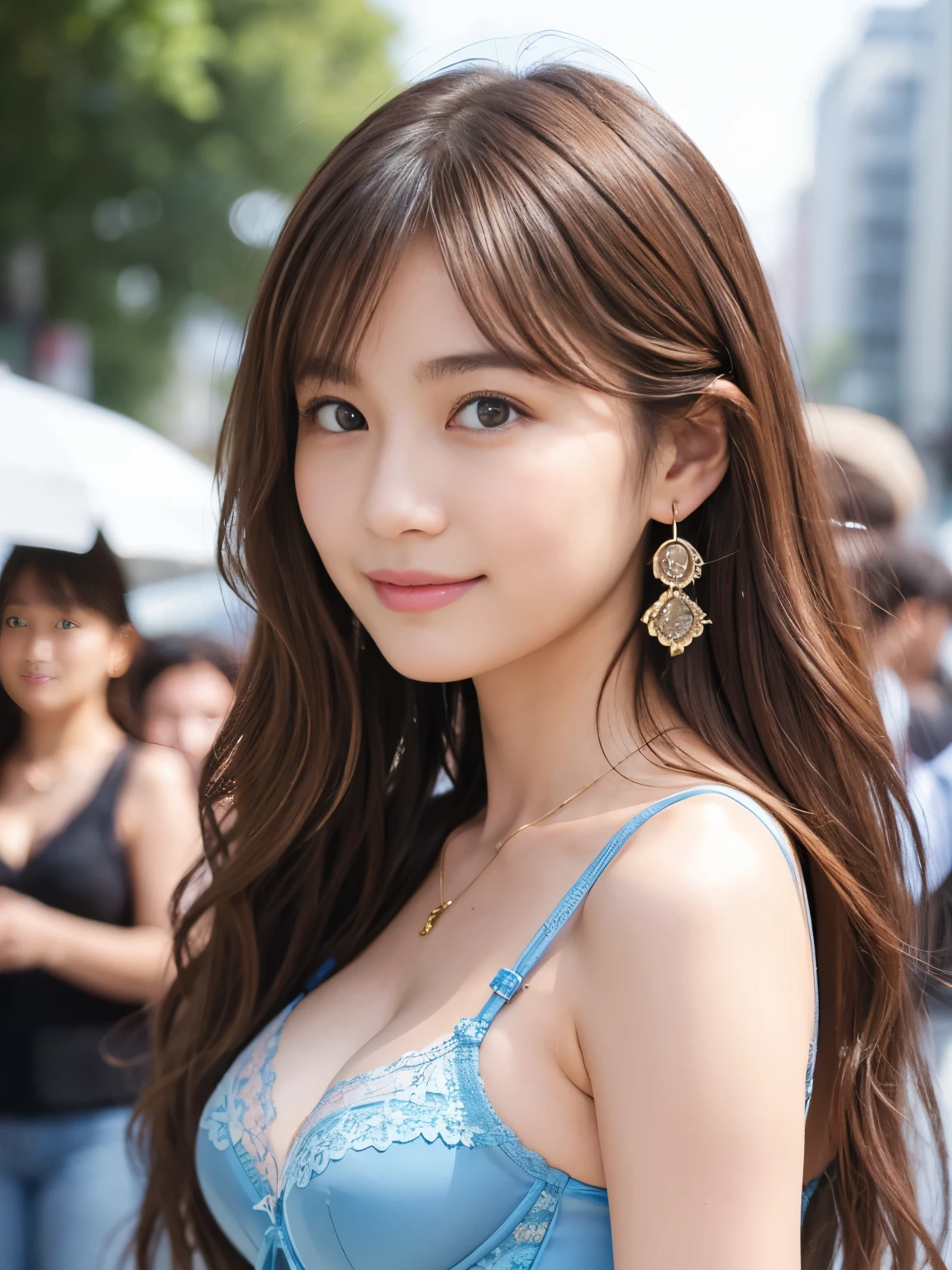  (realistic, photorealistic, best quality, 8k, RAW photo, masterpiece:1.2), beautiful Japanese girl, 20 years old, slender, detailed face, cute, kawaii, (wavy hair:1.2), (medium hair:1.3), (light brown hair:1.3), necklace, earrings, bracelet, (bra:1.3), (lace panties:1.2), (underwear), detailed eyes, (blue eyes:1.0), medium breasts, cleavage, (looking back at viewer:1.2), (close-up face), smile, (wind:1.3), street, (crowd:1.4), 