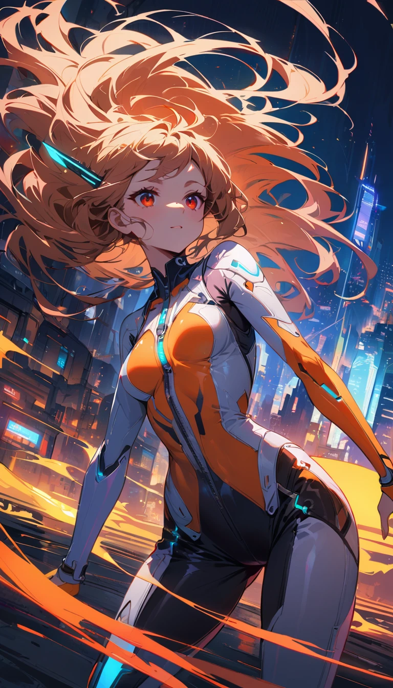 intricate details, night, bright neon colors, Future cyberpunk city, Detailed background, ( girl), cute perfect face, Bright red eyes, (perfect anatomy, Petite and lively breasts), (Ridiculously Long Orange and White Ombre Hair, hair blowing in the wind)), Ribbed detail bodysuit, pauldron, cybernetic limbs, Dynamic angle,