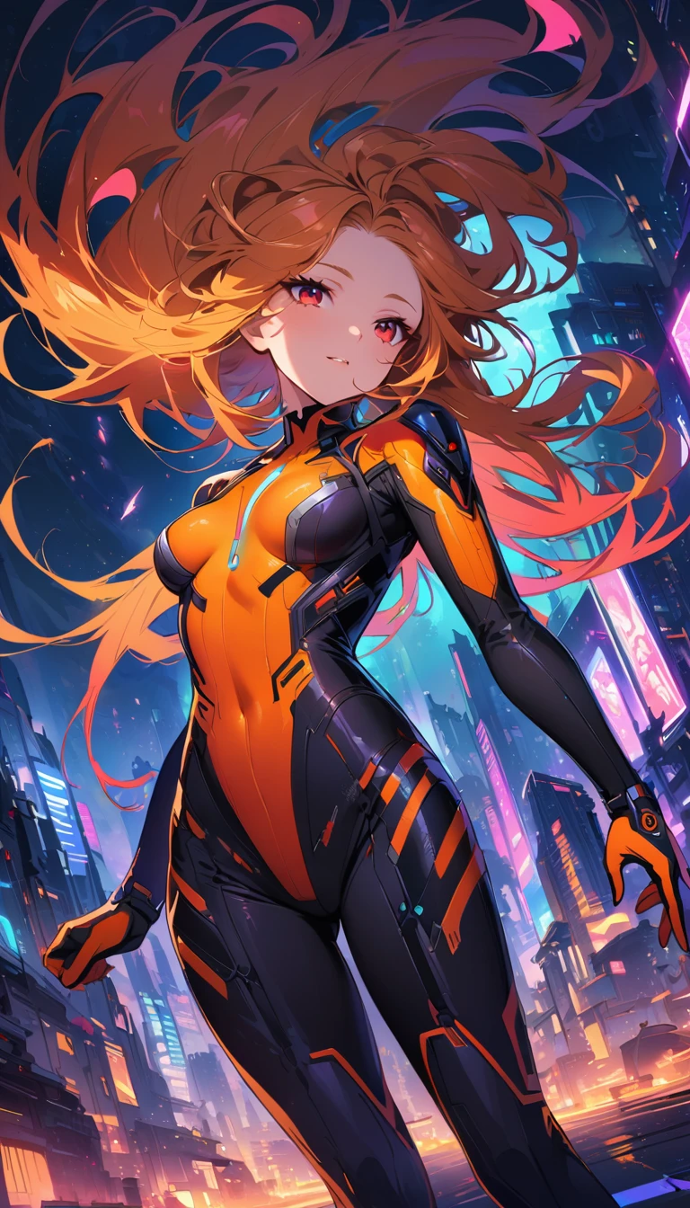 intricate details, night, bright neon colors, Future cyberpunk city, Detailed background, ( girl), cute perfect face, Bright red eyes, (perfect anatomy, Petite and lively breasts), (Ridiculously Long Orange and White Ombre Hair, hair blowing in the wind)), Ribbed detail bodysuit, pauldron, cybernetic limbs, Dynamic angle,