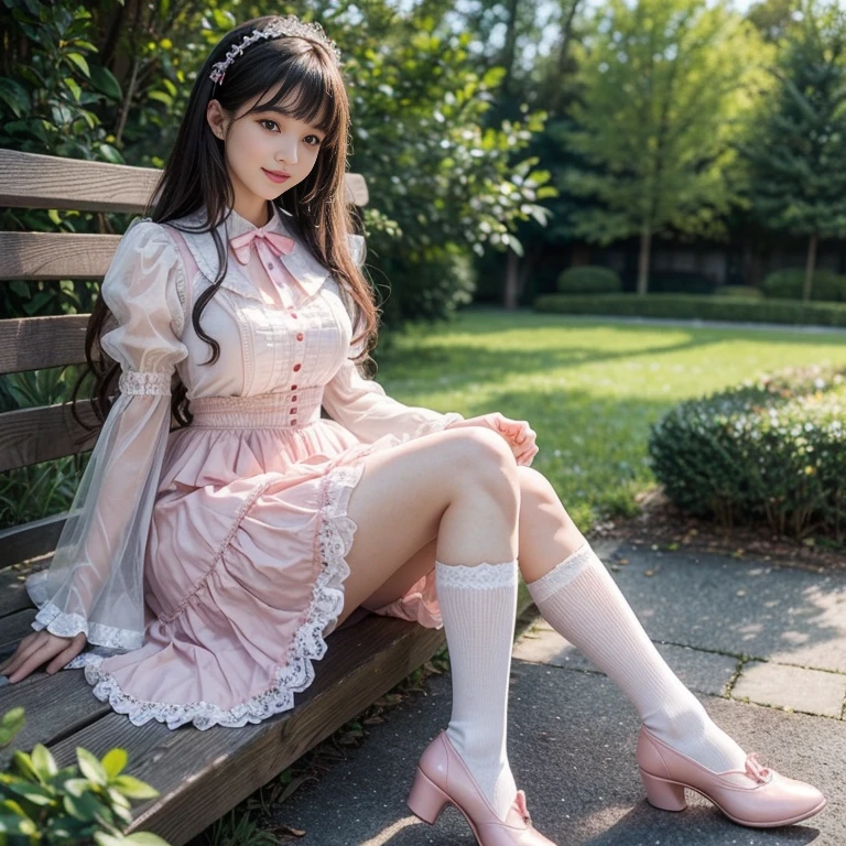 best quality, masterpiece, lifelike, 1 girl, alone, eternal, black hair, Long curly hair, blunt bangs, Smile, pink skirt, pink lolita dress, layered skirt, Lolita style long skirt,Layered dress lace-trimmed skirt, decorate, lace, long sleeve, puff sleeves, wide sleeves, Transparent sleeves, hair accessories, in the flower garden, flower, Detailed background, delicate face,pink blush,White knee-length socks, Pink shoes,cold,Lots of lace,((masterpiece))、(top quality)、8K、high detail、super detailed、 21 years old female,wearing pink lolita dress((dreamy atmosphere:1.1))、Seductive and whimsical style、masterpiece、born、Scenes resembling fairy tale illustrations、intricate details show the ruffles and intricate designs of the lolita gown、capricious、 beautifully、Dream aesthetics、「𝓡𝓸𝓶𝓪𝓷𝓽𝓲𝓬、ethereal、charming、fickle、magic」、realism、Visual effects、FXAA、SSAO、shader、voiceless、environmental lighting、Tone mapping、High resolution、ultra high definition、megapixel、(8K resolution:1.10)、8K、8K resolution、high detail、intricate details、 (high quality:1.2、masterpiece:1.2、:1.21)、(21 years old female:1.21)、(Smile excitedly)、(Surrounded by the dreamy atmosphere of an amusement par color lolita dress、Her eyes were full of surprise and joy、I took a lot of geek photos、High heel、Model diagram,full-body shot,Knee-high white的 lace socks,Sweet Lolita,Normal 2 feet,Pink shoes,Baotou shoes,full-body shot,Don't expose your fingers,Emphasize the volume of the skirt,exposed,huge breasts,The skirt flew up,低胸exposed,hair accessories,big skirt dress,If you shoot from a certain angle you can see my panties,The skirt floated up