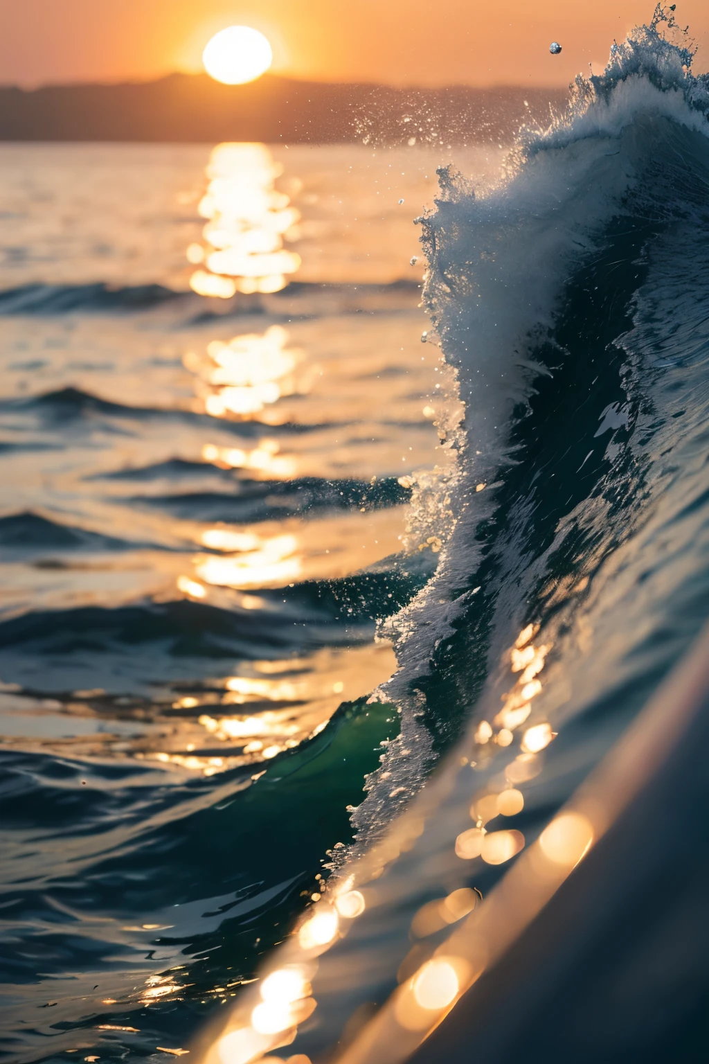 ((Top Quality)), ((8K)), ((Masterpiece: 1.3)), (Perfect Appearance), (Photorealism: 1.6),
stern deck handrail, wake waves spreading between the waves, sky stained by the setting sun, cloudy sky,