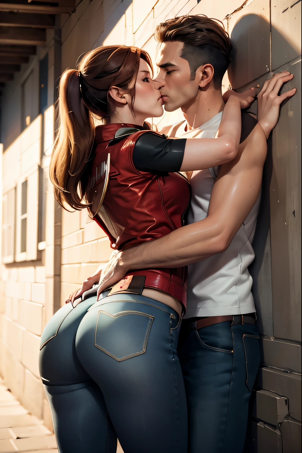 (masterpiece, best quality), 1girl and 1 man, claireredfield2, wear jeans, kiss the man , girl back, the man is pressing girl against the wall