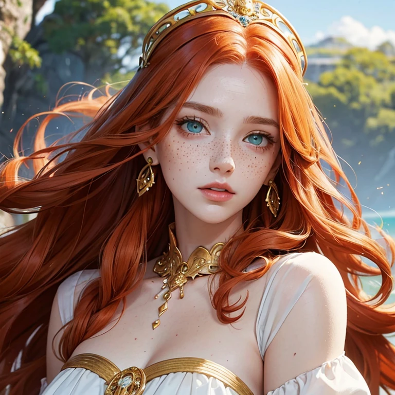 White skined young woman with freckles on her face. Green eyes. Long wavy hair. Bright reddish orange hair color . Wearing plain white dress in Greek Style. She has a fantasy-style gold accessory on her head