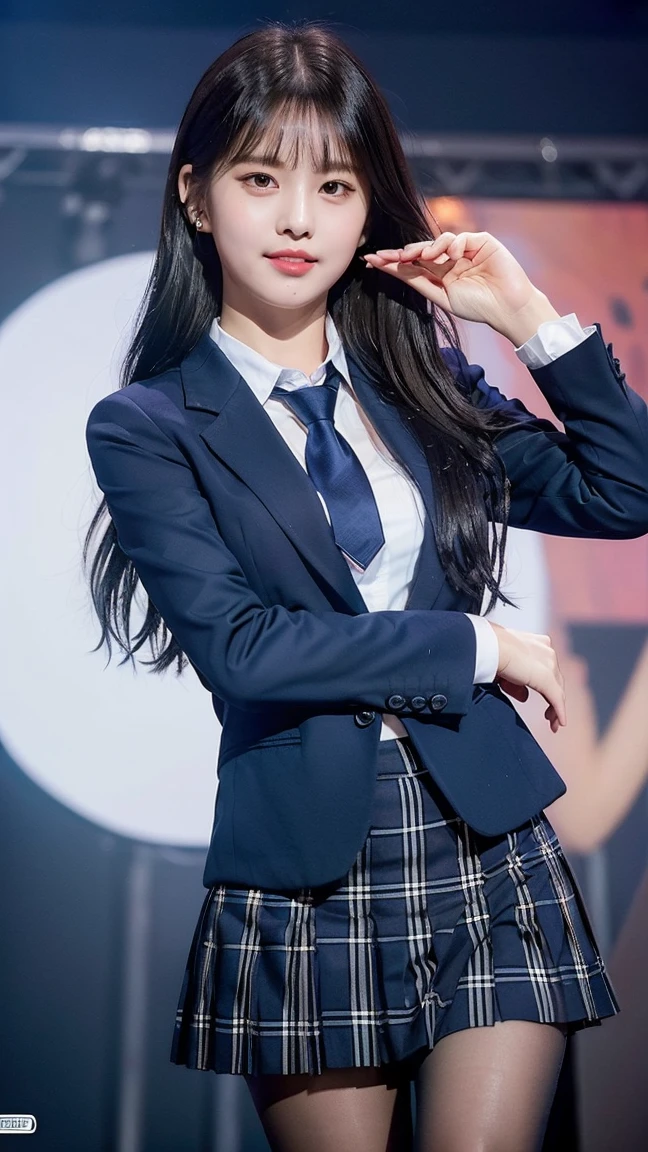 (8K), (highest quality: 1.2), (realistic), (realistic: 1.47), ultra high resolution, 1 girl, cute, smile, closed mouth, (thick lips:1.2),red lip,(Purse your mouth),beautiful details, beautiful nose,(Straight shiny black hair),Standing on the concert stage,hold the microphone in your right hand,Bend your elbows and raise your hands,(University Student Uniform,A simple navy blue blazer,white satin shirt,tie,Tartan check pleated skirt,opaque tights:1.2),(Close up on wet thighs:1.2),(knees),(super low angle:1.2),(medium shot),