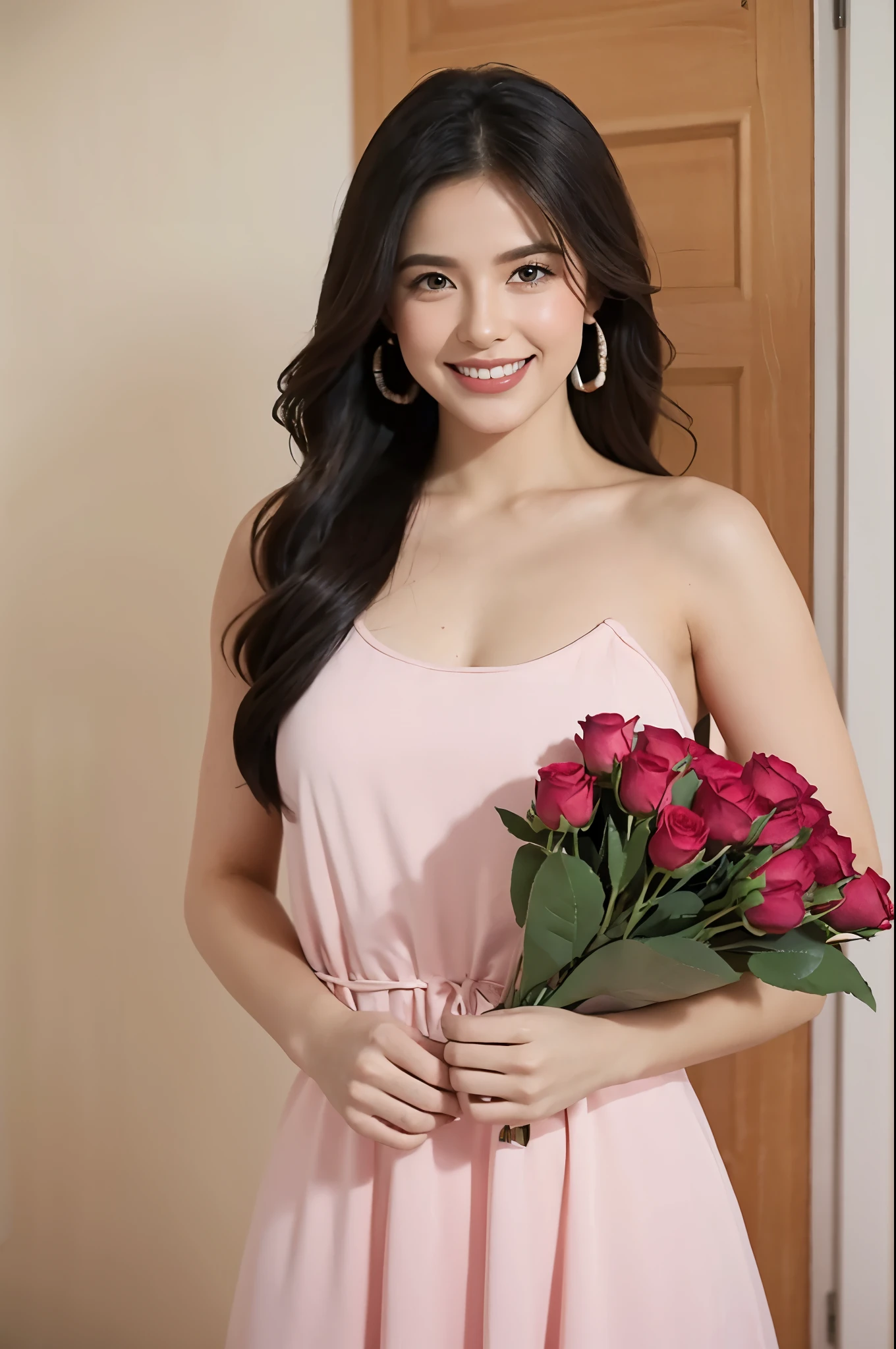 see viewer,cute,smile,front view,Superior Quality, Masterpiece, Ultra High Resolution, (Photorealistic: 1.4),Portrait of a young woman gardener wearing pink dresses inside studio room with lots of flowers, she is holding a bundle of roses to celetrate valentine's day,valentine style