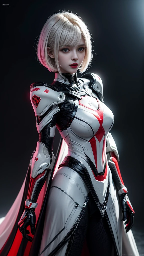 A digital illustration of a white mecha suit with short bob hairstyle, white hair, (full body length), (super cuteness), (super beautiful face), 32k UHD, C4D style, octane render, sharp focus, complex details, perfect details, highest resolution, Show shoes, 1 girl, solo, RAW, photo realistic of face, CG game art, wearing white armor and helmet, beautiful eyes. The background is a dark grey with neon red accents, creating an eerie atmosphere, The art style is inspired in the style of GG game artstyle, with a high contrast between light and shadow and futuristic elements. It is a digital art piece with a dark fantasy theme, vibrant colors, and sharp details.